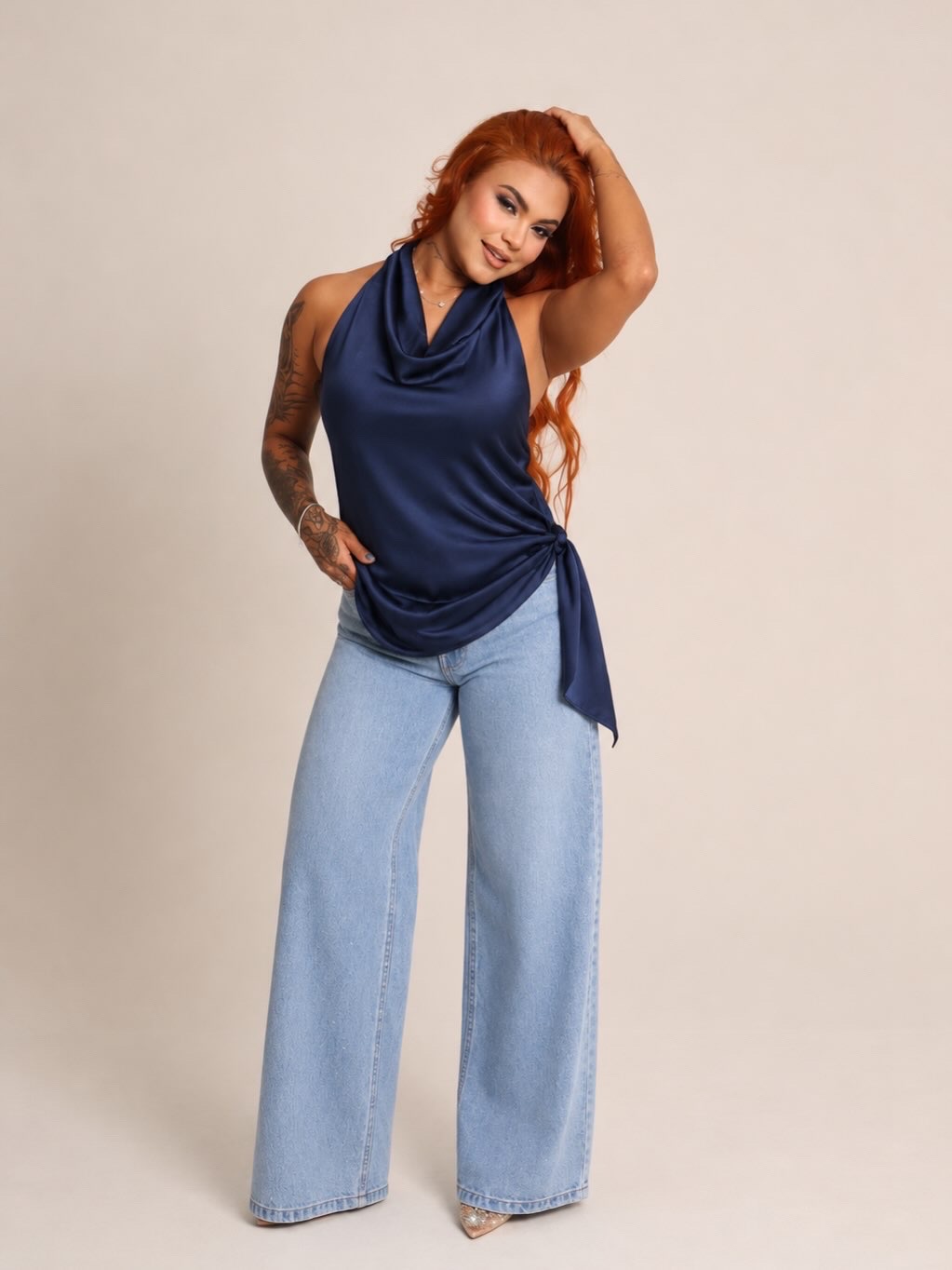 BLUSA CLARICE CETIM GOLA DRAPEADA